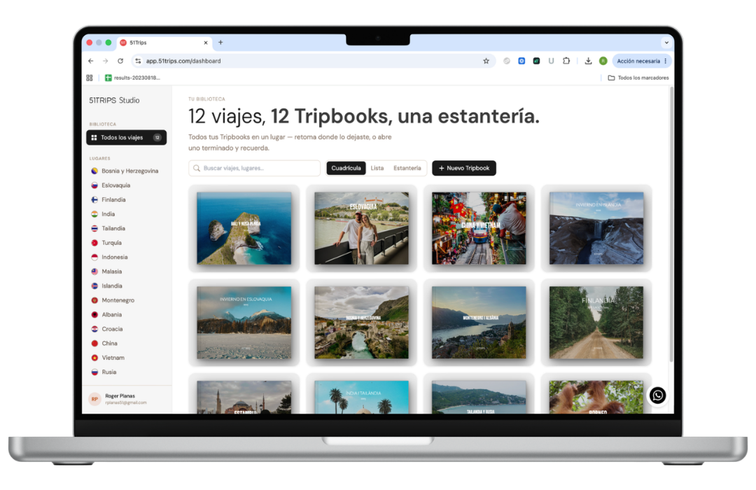Éditeur 51TRIPS sur un MacBook affichant 12 TripBooks en vue grille