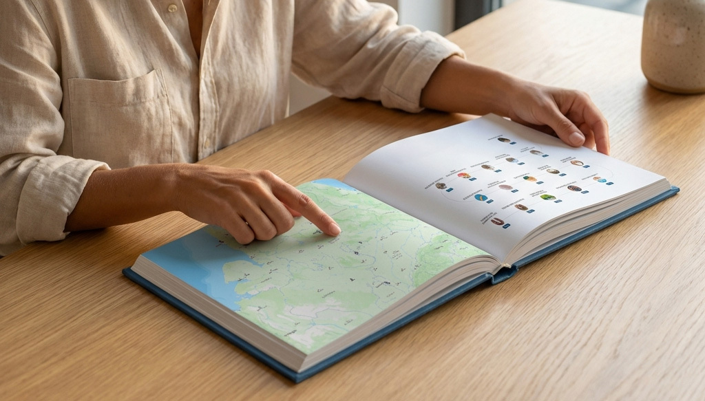 Une personne pointe la carte de l'itinéraire dans son TripBook ouvert sur une table